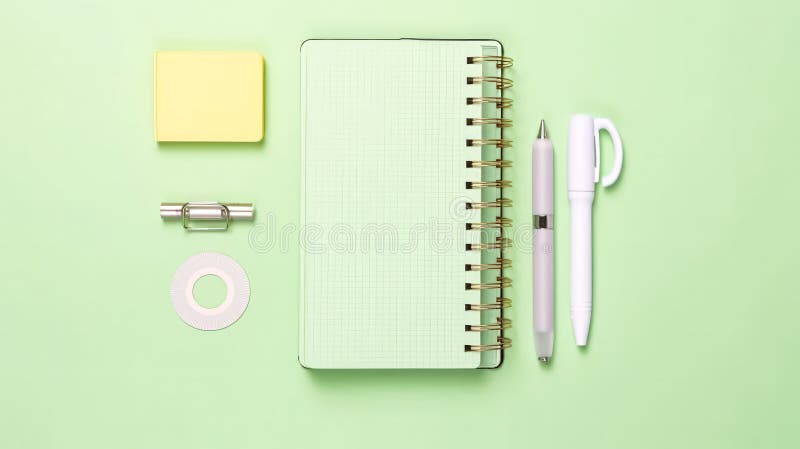 A school notebook rests on a green background, atop a table. Simple and practical, perfect for educational or office themed designs. AI generated