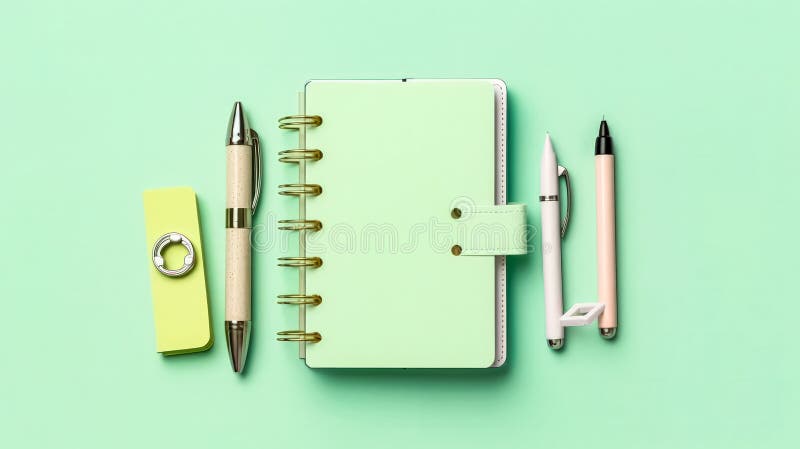 A school notebook rests on a green background, atop a table. Simple and practical, perfect for educational or office themed designs. AI generated