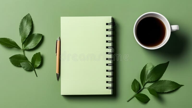 A school notebook rests on a green background, atop a table. Simple and practical, perfect for educational or office themed designs. AI generated