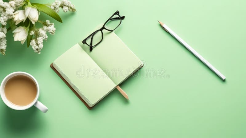 A school notebook rests on a green background, atop a table. Simple and practical, perfect for educational or office themed designs. AI generated
