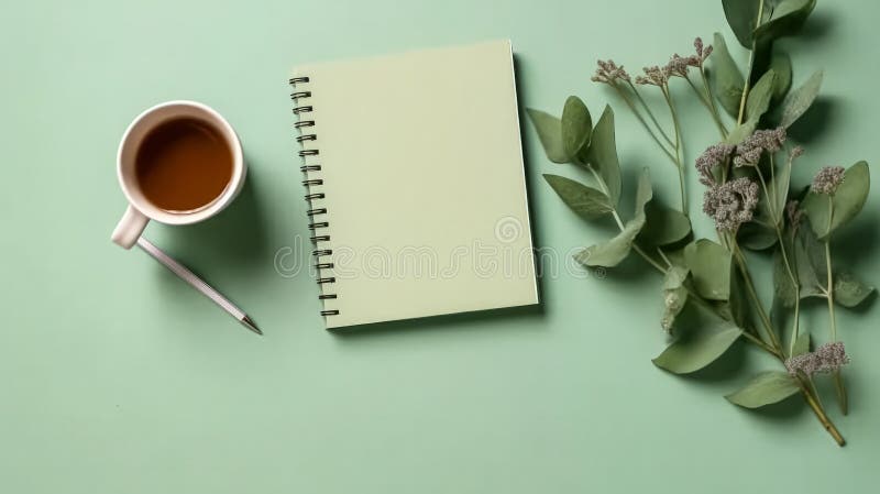 A school notebook rests on a green background, atop a table. Simple and practical, perfect for educational or office themed designs. AI generated