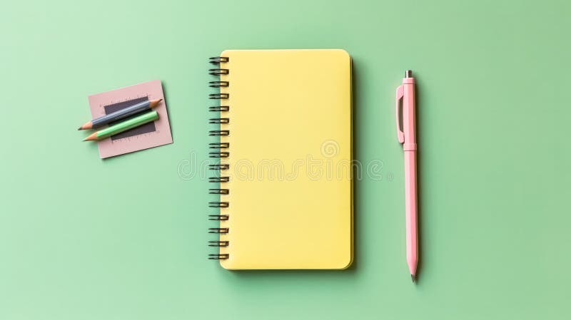 A school notebook rests on a green background, atop a table. Simple and practical, perfect for educational or office themed designs. AI generated