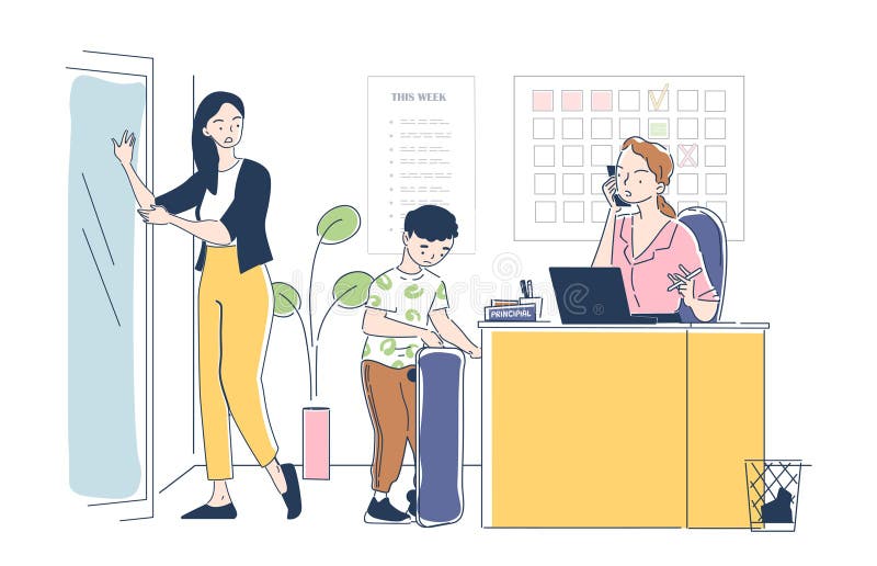 School office with a female principal on the phone and a boy with a backpack. Vector illustration royalty free illustration