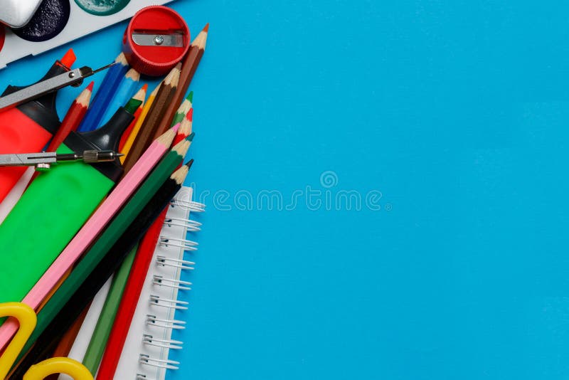 School office supplies on blue background royalty free stock images School office supplies on blue background royalty free stock images