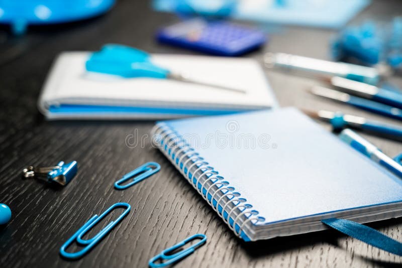 School and office supplies on office table. Male or boyish still life on the topic of school, study, office work