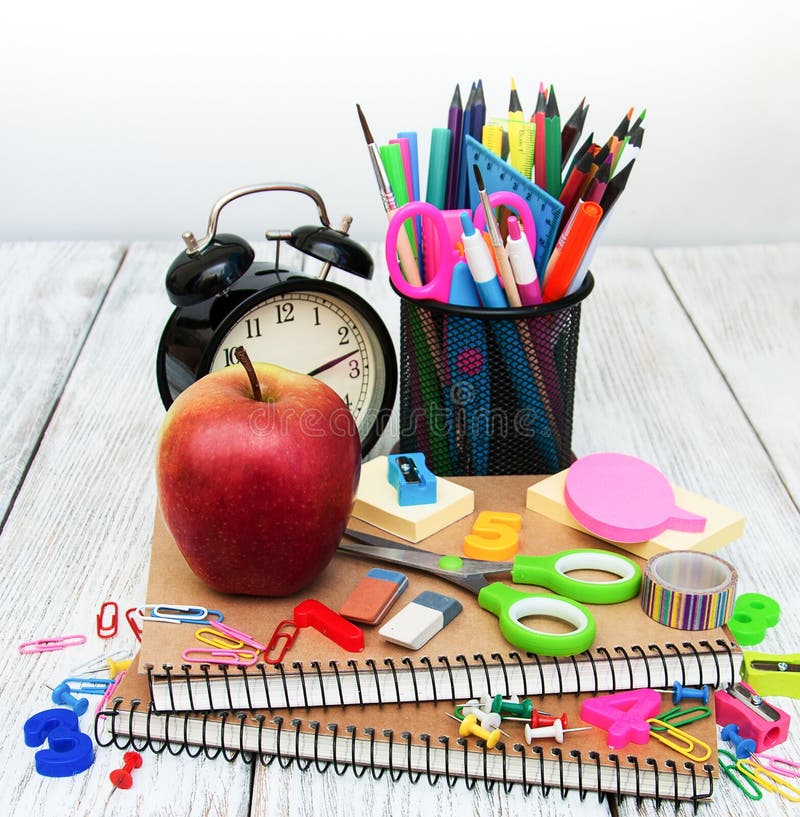 School office supplies stock photo. Image of alarm, college 97707428