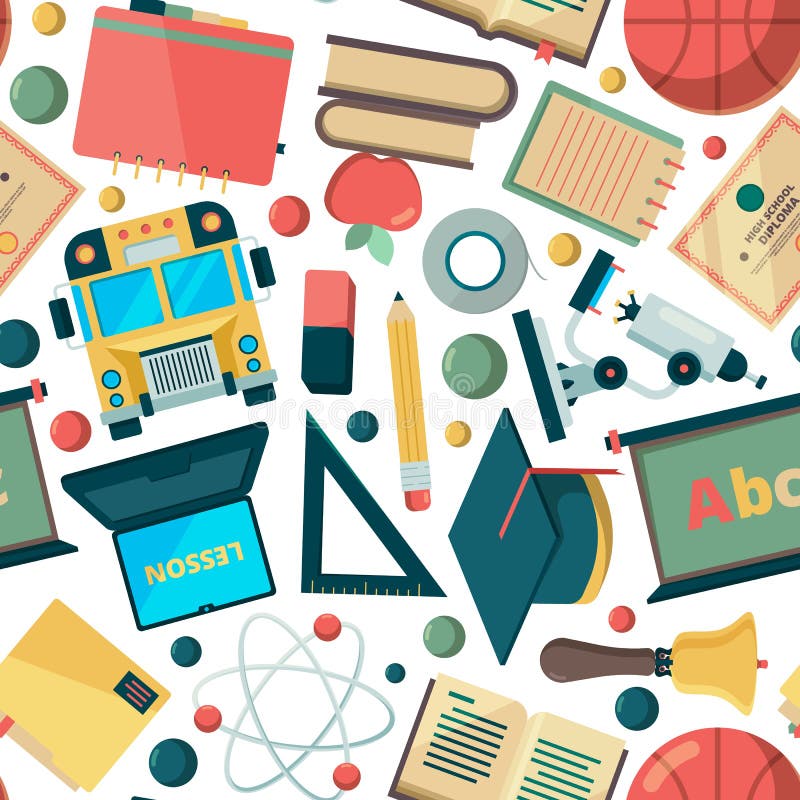 School seamless background. Education learning college institute objects stationary tools teachers university items