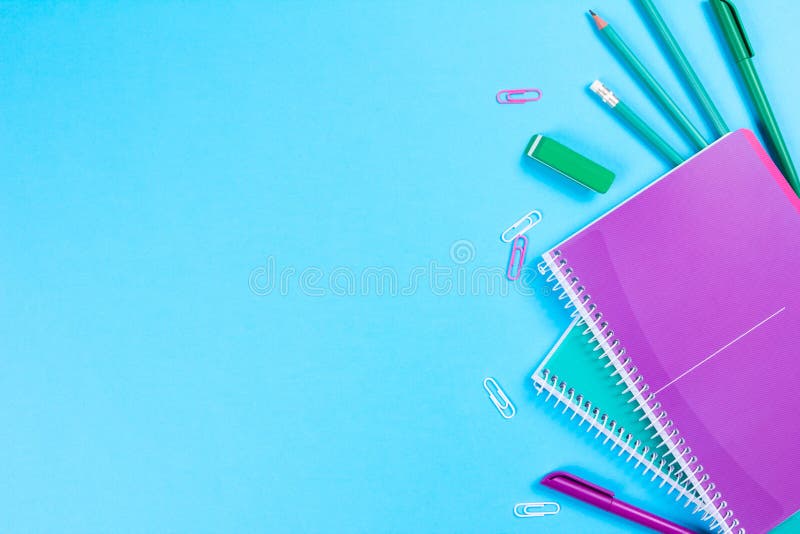 School Stationery On Blue Background With Copyspace Stock Photo Image