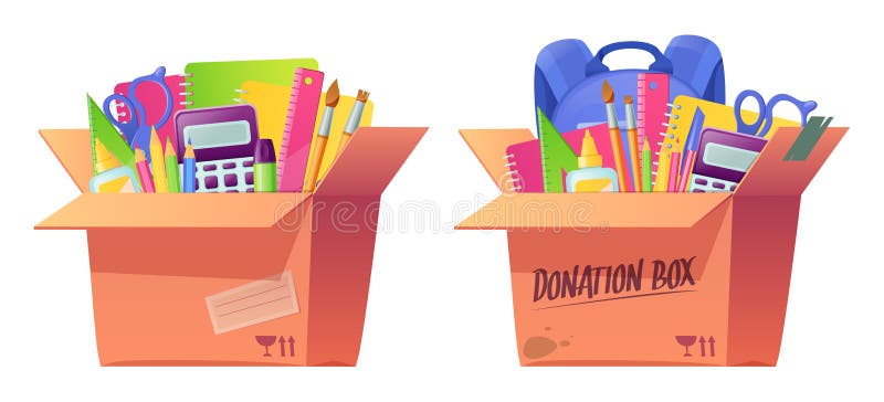 School stationery in cardboard donation box