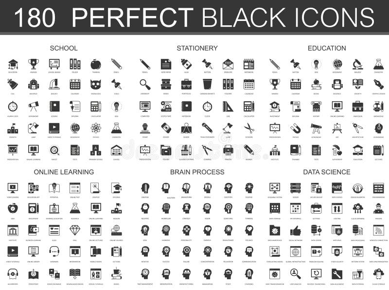 School, stationery, education, online learning, brain process, data science black classic icon set. stock illustration School, stationery, education, online learning, brain process, data science black classic icon set. stock illustration