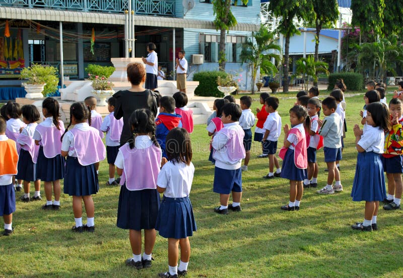 School students in Ayuthaya region, Thailand in front of their school royalty free stock photos