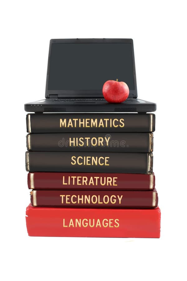 School subject books and laptop stock photography