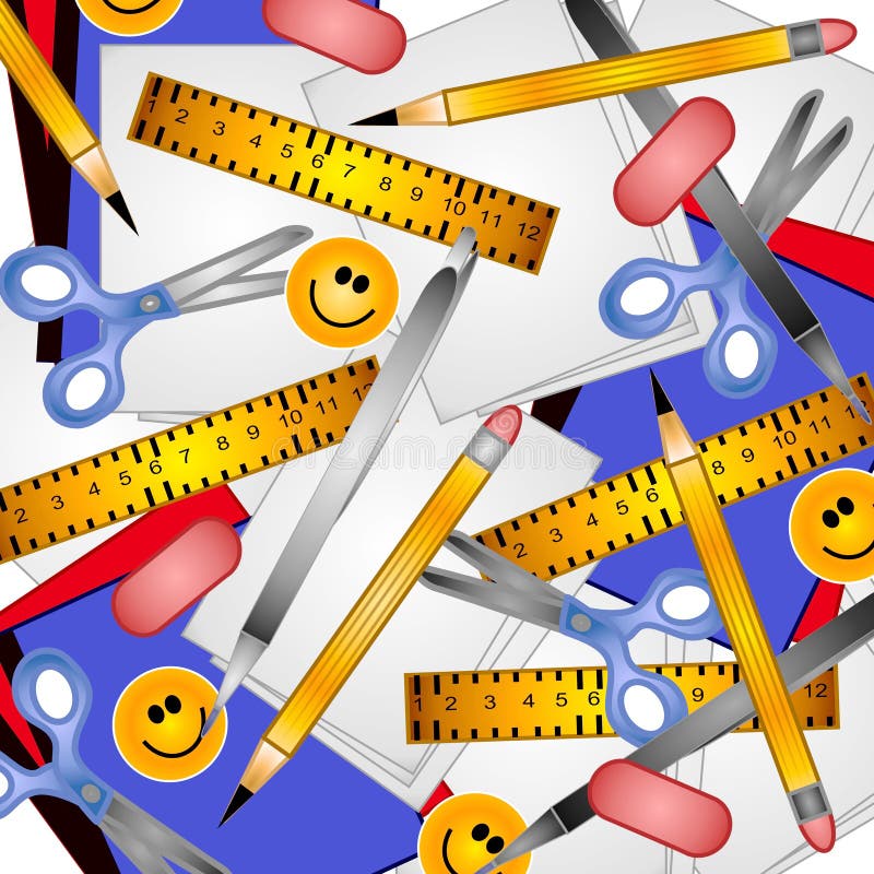Un immagine di sfondo del materiale scolastico in forma di collage compresi i leganti, carta, righello, forbici, matita, penna, gomma e la faccina di adesivi.