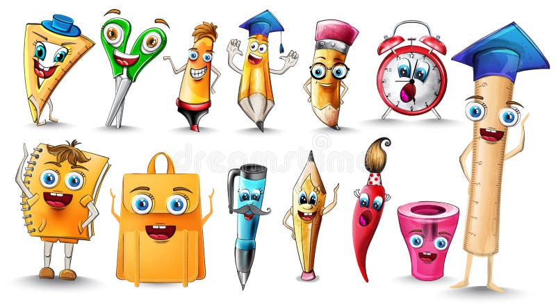 Set of School Funny Office Supplies Characters. School Writing Stationery.  Stock Vector - Illustration of design, learning: 100653051