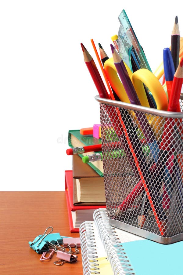 School Supplies on a Writing Desk or School Desk, Close Up, White