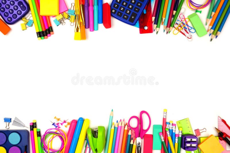 School supplies double border, top view isolated on a white background with copy space. Back to school.