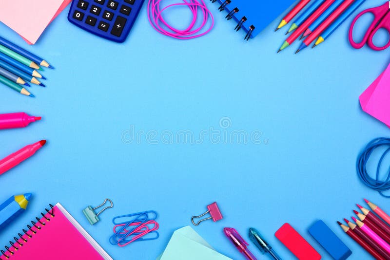 Pink and blue school supplies frame over a pastel blue background