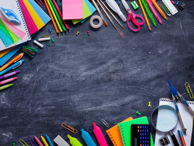 School Supplies In Frame On Blackboard stock photography