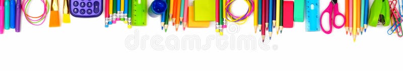 School supplies long top border isolated on a white background. Back to school.