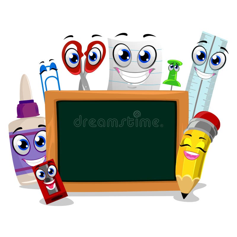 School Supplies Mascot Around Blank Blackboard