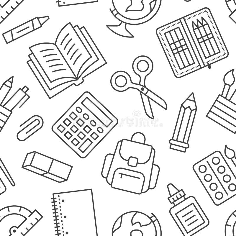 School supplies seamless pattern with line icons. Study tools background - globe, calculator, book, pencil, scissors