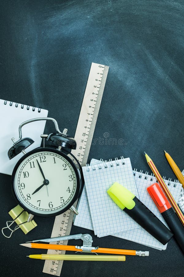 School Supplies on the Teachers Board Stock Image Image of chalk