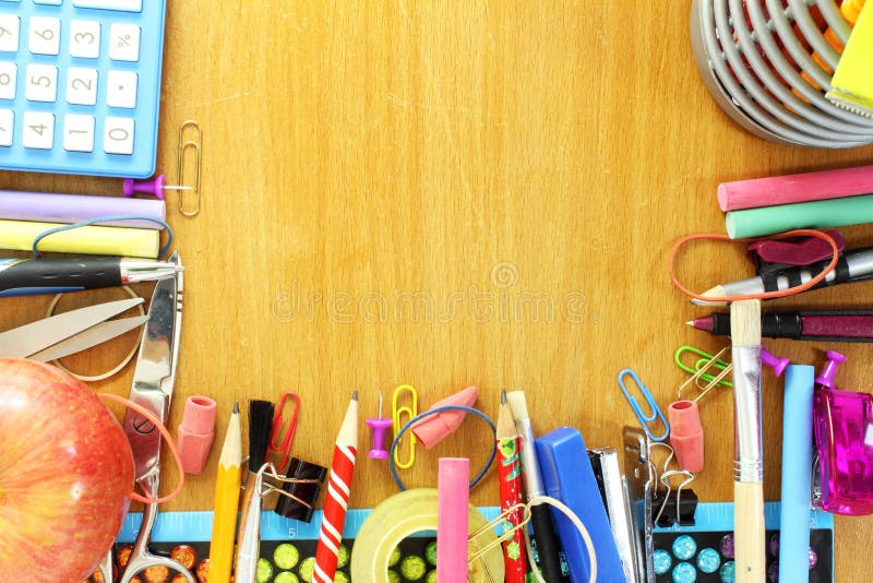 School Supply on Wooden Desk Closeup Stock Photo Image of books