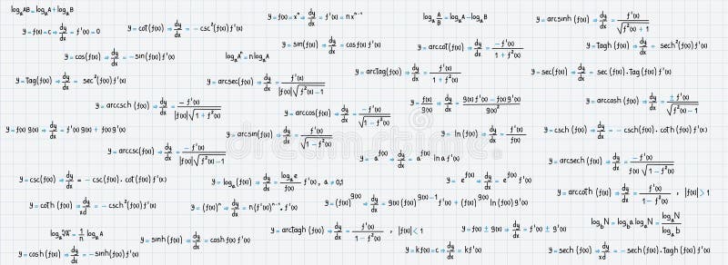 School and university notes on exercises, logarithmic, derivative, trigonometric, logarithmic, hyperbolic and inverse equations and formulas on graph paper background
