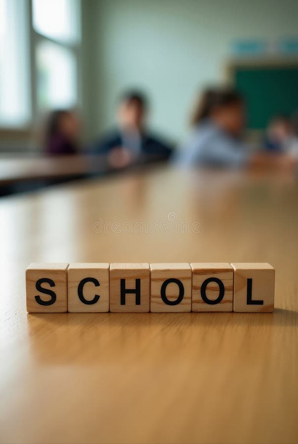 Wooden cubes showing school word on desk in classroom vector illustration