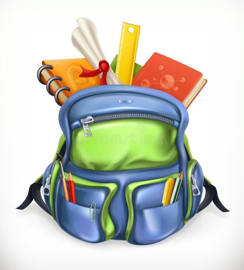 Schoolbag. Backpack with school supplies, 3d vector icon. Schoolbag. Backpack with school supplies, 3d vector icon