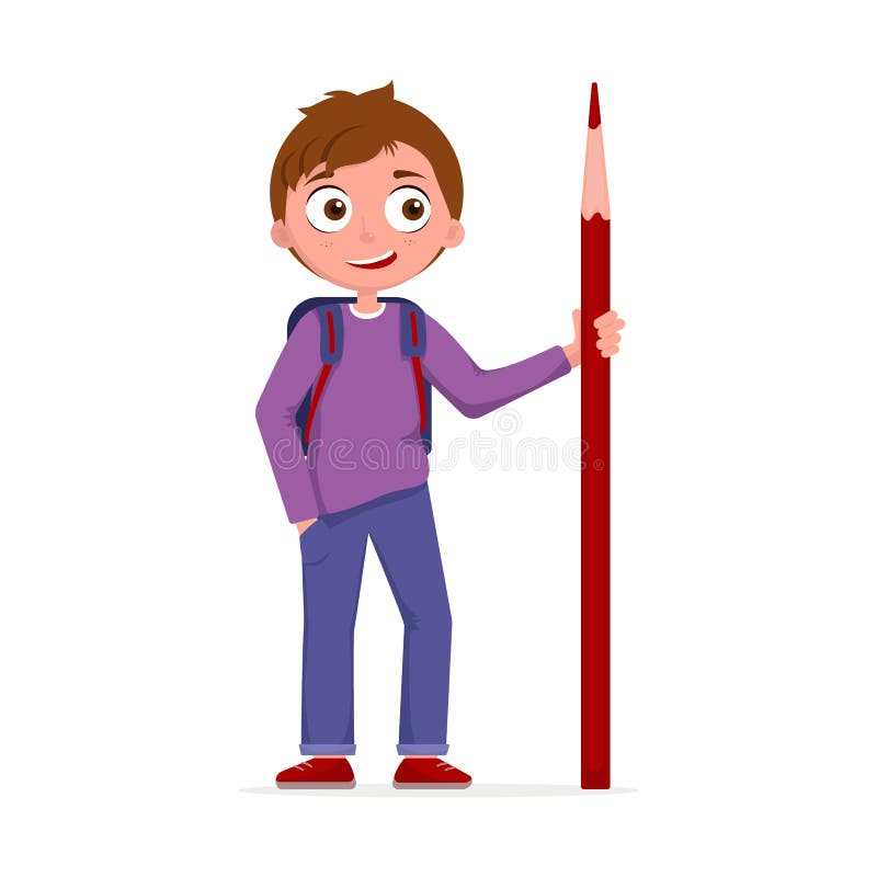 Male student writing or drawing with a huge pencil. Boy character
