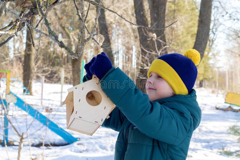 Schoolboy hängt einen Zubringer im Wald und vergiftet Vogelnahrung lizenzfreie stockfotos Schoolboy hängt einen Zubringer im Wald und vergiftet Vogelnahrung lizenzfreie stockfotos