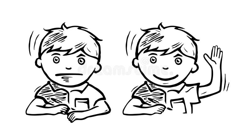 Schoolboy with a pen in his hand thinks over a task. Vector black illustration. royalty free illustration