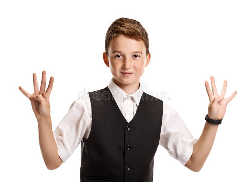 Schoolboy zeigt vier lizenzfreie stockfotos Schoolboy zeigt vier lizenzfreie stockfotos