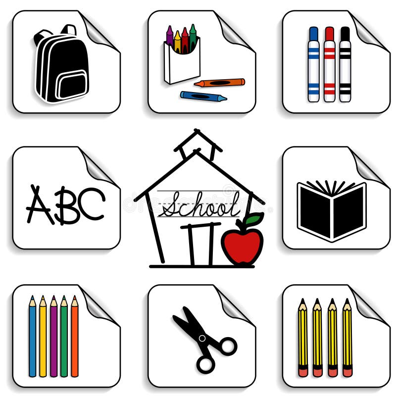 Eight schoolhouse stickers for back to school, scrapbooks, preschool, daycare, arts, crafts and literacy projects, includes a backpack, colored pencils, book, markers, crayons, scissors, ABC, apple for the teacher and cursive lettering. EPS8 compatible. Eight schoolhouse stickers for back to school, scrapbooks, preschool, daycare, arts, crafts and literacy projects, includes a backpack, colored pencils, book, markers, crayons, scissors, ABC, apple for the teacher and cursive lettering. EPS8 compatible.