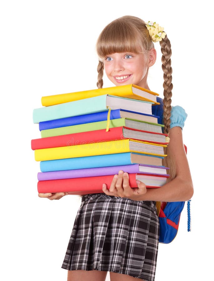 Schoolgirl With Backpack Holding Pile Of Books. Stock Photo - Image of ...