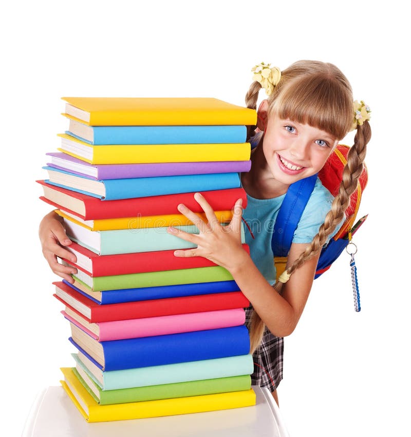 Schoolgirl with Backpack Holding Pile of Books. Stock Photo - Image of ...