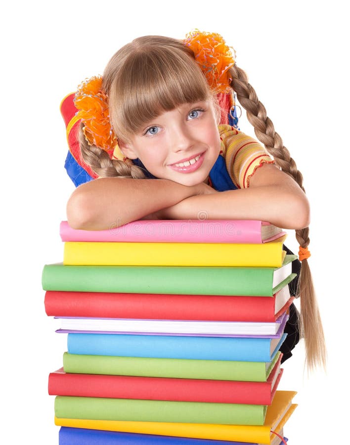 Schoolgirl with Backpack Holding Pile of Books. Stock Photo - Image of ...