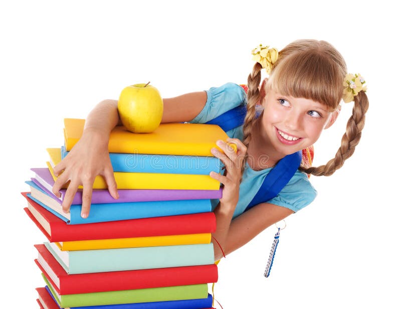 Schoolgirl with Backpack Holding Pile of Books. Stock Image - Image of ...