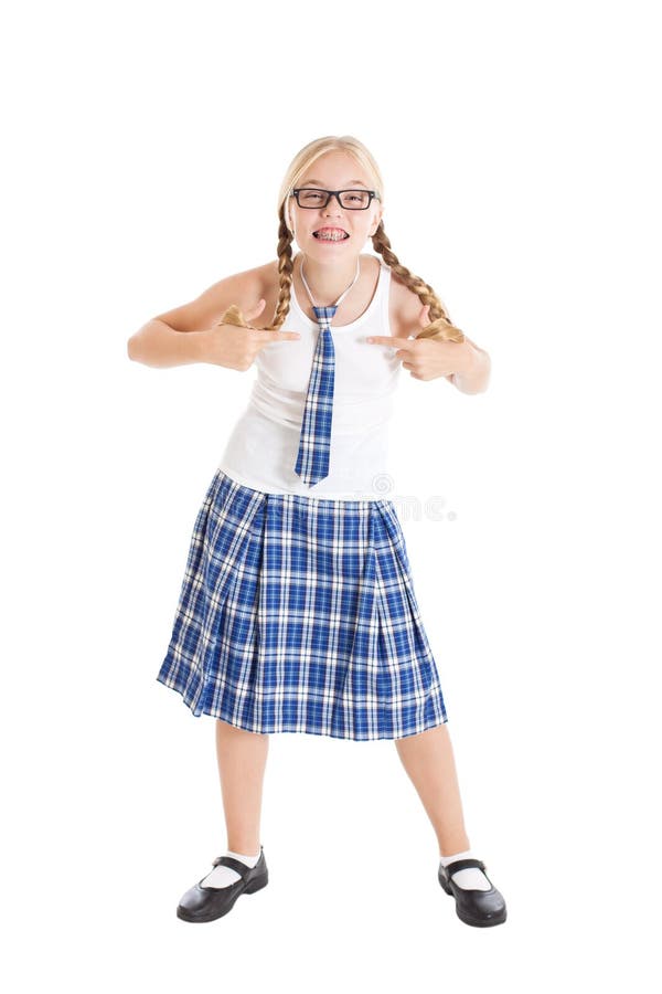 Schoolgirl blonde with two braids wearing a school uniform and black-framed glasses.