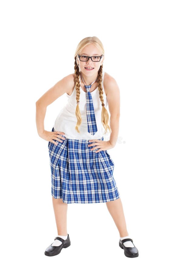 Schoolgirl blonde with two braids wearing a school uniform and black-framed glasses.