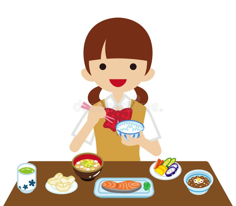 Schoolgirl Eating Japanese Breakfast Stock Vector - Illustration of ...