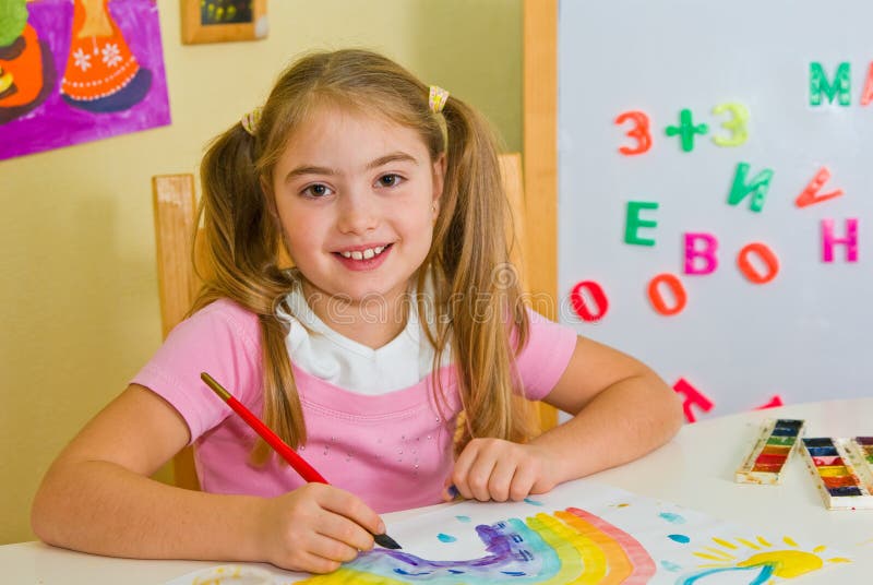 Schoolgirl Has Drawn A Rainbow