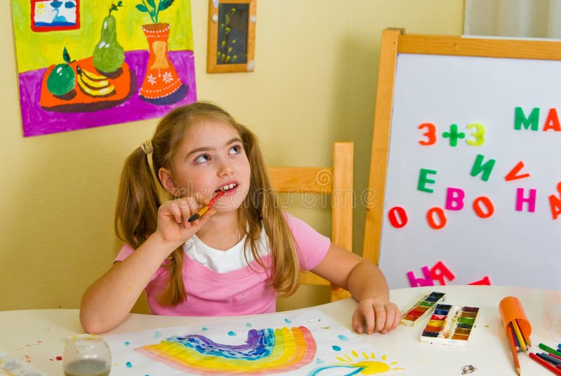 Schoolgirl Has Drawn A Rainbow