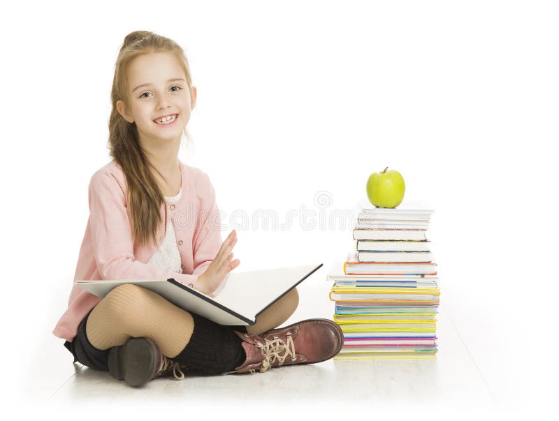 Ragazza della scuola, Libro di Lettura, Studentessa Bambino Studio, Kid cultura, Libri e Apple su Sfondo Bianco.
