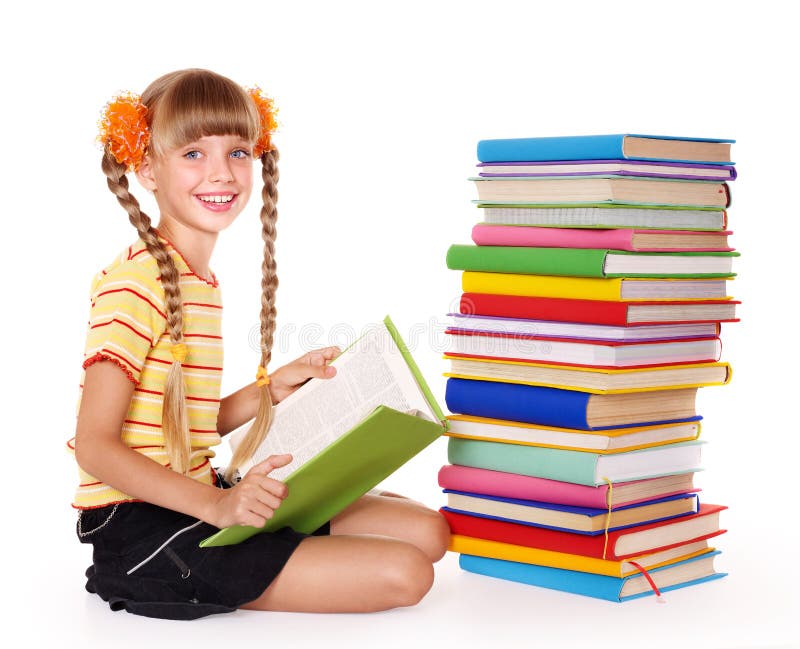 Schoolgirl Reading Pile of Books. Stock Photo - Image of knowledge ...