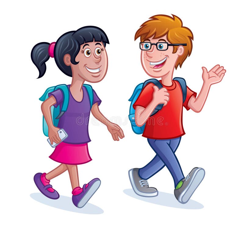 Cartoon of a school aged girl and boy walking and talking with backpacks on. Cartoon of a school aged girl and boy walking and talking with backpacks on.