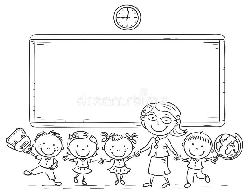 Schoolkids and teacher at the blackboard stock illustration