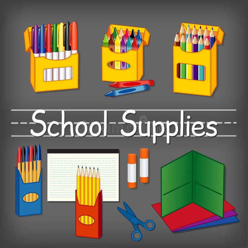 School supplies for kindergarten, daycare, back to school, marker pens, wax crayons, colored pencils, ball point pens, lined paper, yellow pencils, glue sticks, scissors, folders on chalkboard background with penmanship text title. School supplies for kindergarten, daycare, back to school, marker pens, wax crayons, colored pencils, ball point pens, lined paper, yellow pencils, glue sticks, scissors, folders on chalkboard background with penmanship text title.