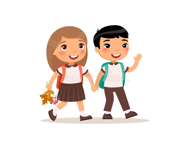 Schoolmates Going To School Flat Vector Illustration. Couple Pupil ...